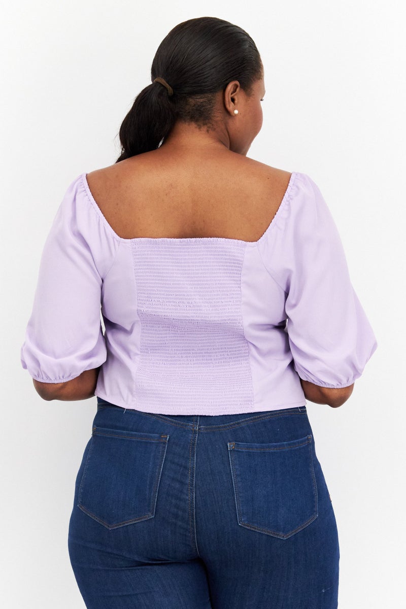 Riley & Rae Women Sweetheart Neck Puff Sleeve Solid Top, Lilac - Image 4